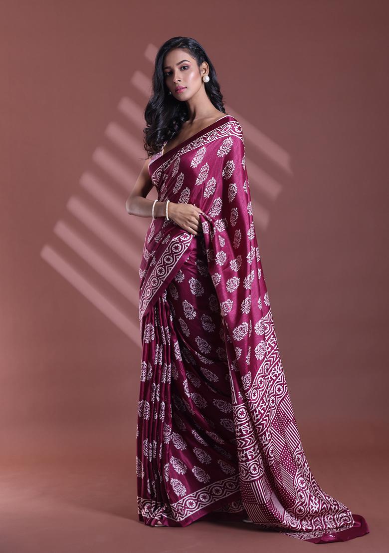 Dark Purple Paisley Print Soft Silk Saree Set - Indya