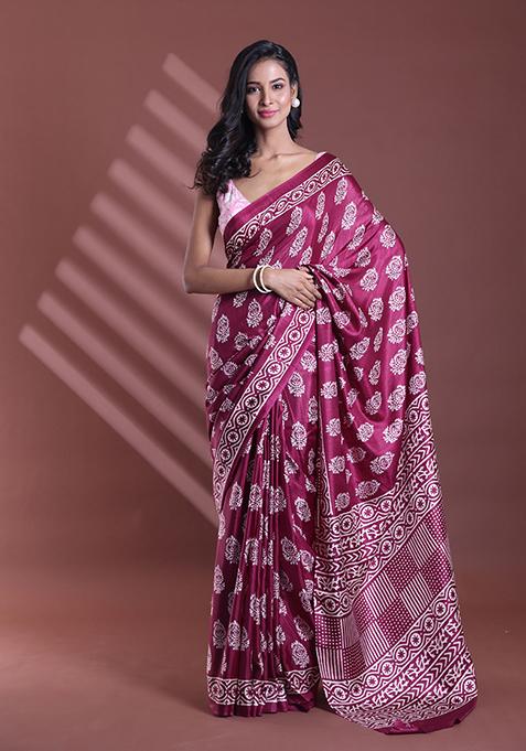 Dark Purple Paisley Print Soft Silk Saree Set