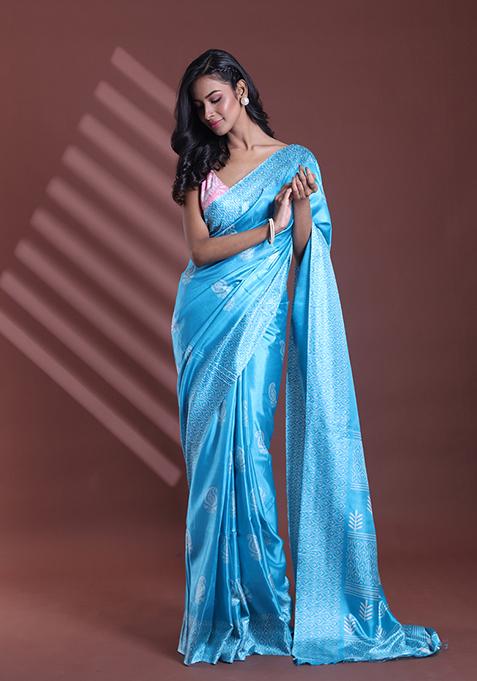 Sky Blue Paisley Print Soft Silk Saree Set