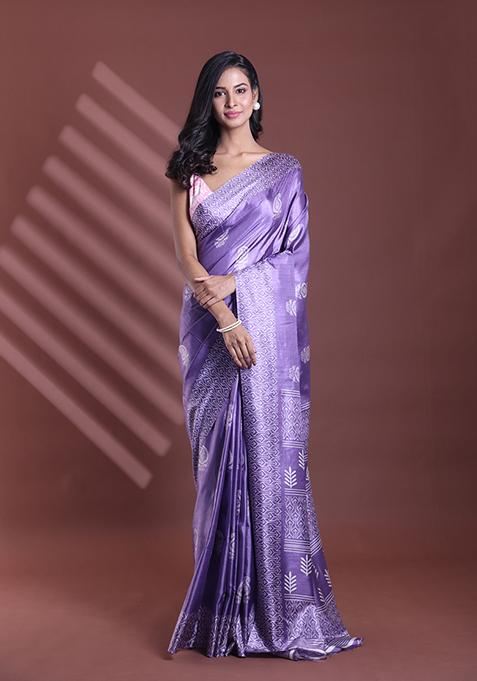 Violet Paisley Print Soft Silk Saree Set