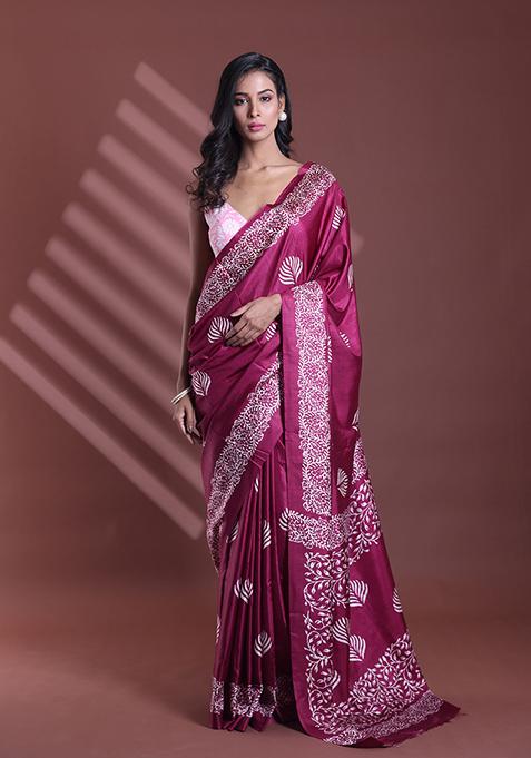 Burgundy Textured Soft Silk Saree Set