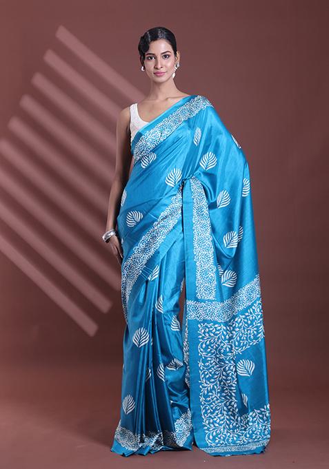 Teal Blue Textured Soft Silk Saree Set