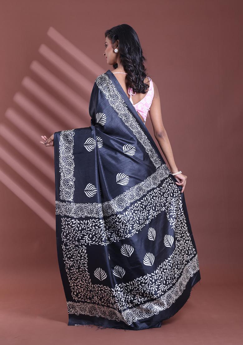 Black Textured Soft Silk Saree Set
