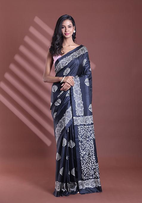 Black Textured Soft Silk Saree Set