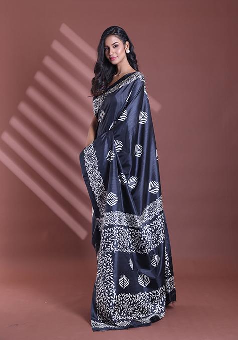 Black Textured Soft Silk Saree Set