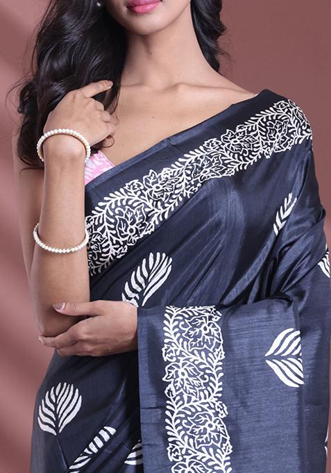 Black Textured Soft Silk Saree Set