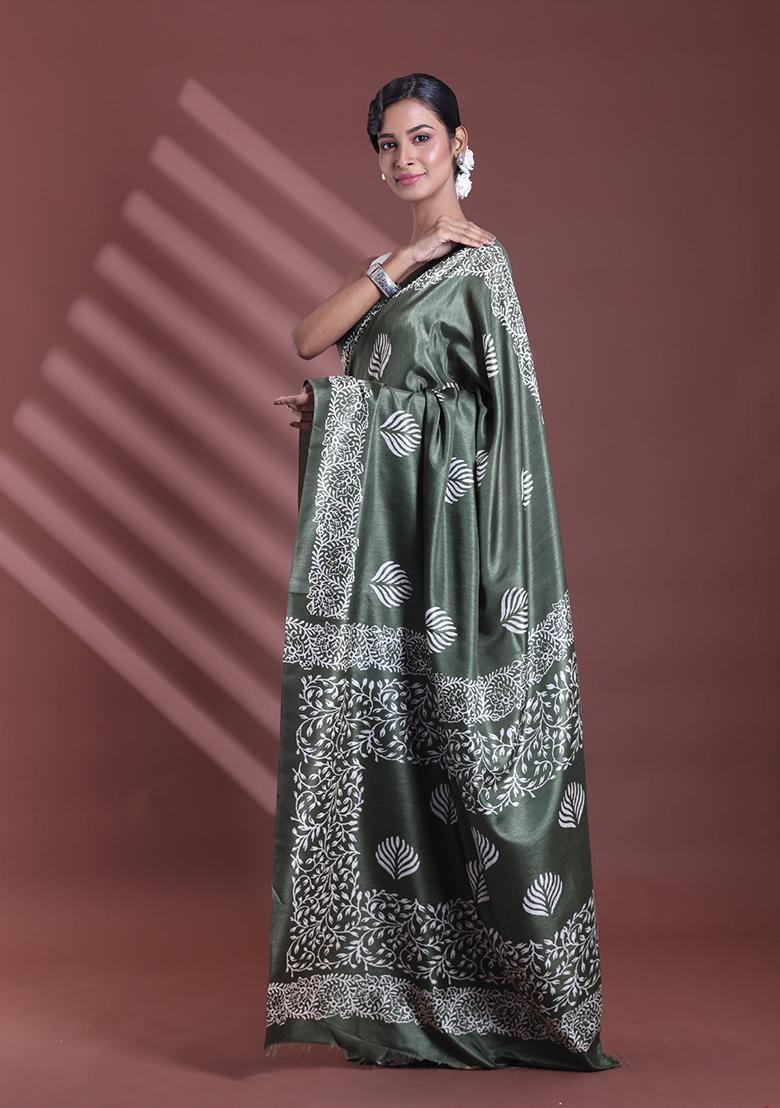 Fern Green Textured Soft Silk Saree Set