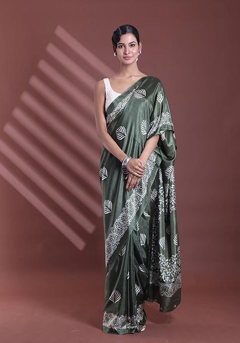 Fern Green Textured Soft Silk Saree Set