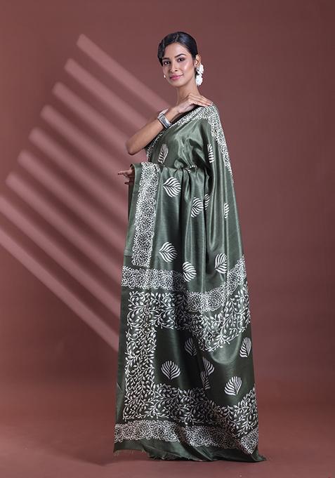 Fern Green Textured Soft Silk Saree Set