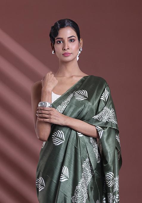 Fern Green Textured Soft Silk Saree Set