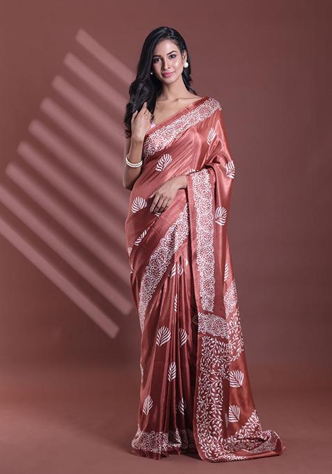 Brown Textured Soft Silk Saree Set