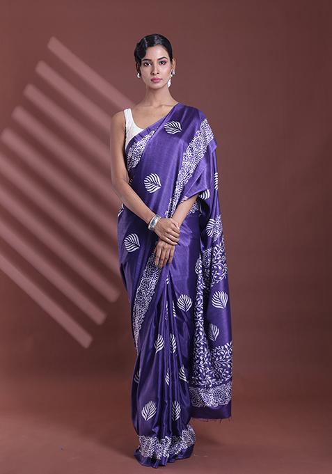 Navy Blue Textured Soft Silk Saree Set