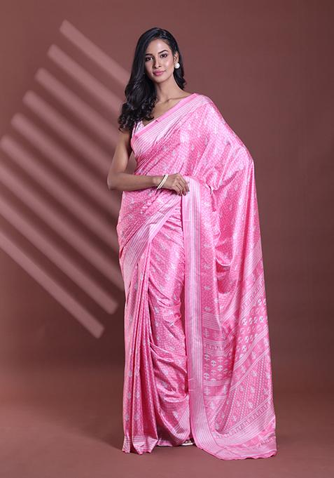 Pink Textured Soft Silk Saree Set