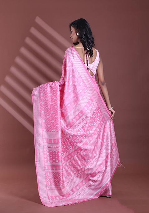 Pink Textured Soft Silk Saree Set