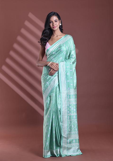 Light Green Textured Soft Silk Saree Set