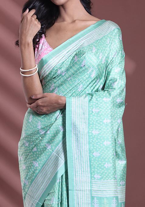 Light Green Textured Soft Silk Saree Set