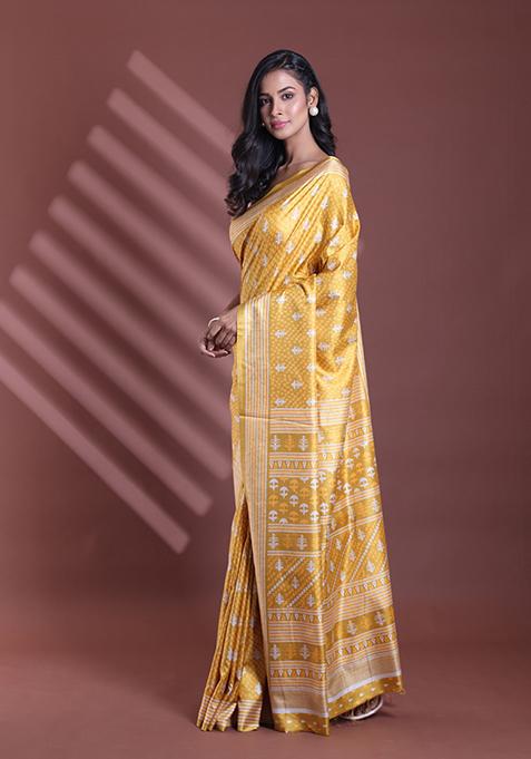 Mustard Textured Soft Silk Saree Set