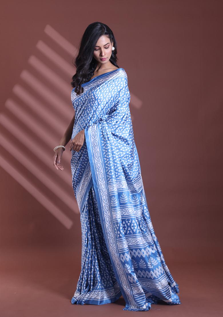 Sapphire Blue Textured Soft Silk Saree Set