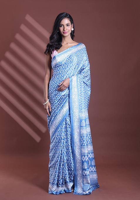 Sapphire Blue Textured Soft Silk Saree Set