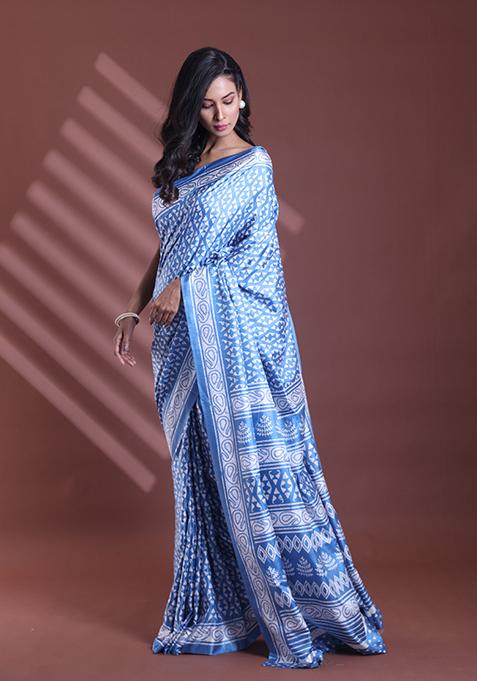 Sapphire Blue Textured Soft Silk Saree Set