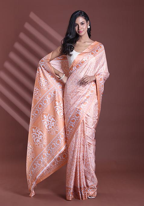 Orange Floral Print Soft Silk Saree Set