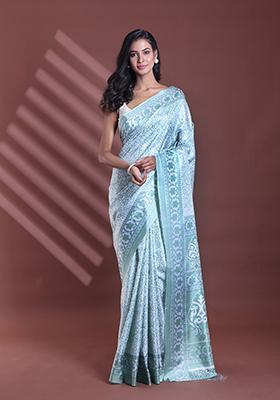 Mint Green Floral Print Soft Silk Saree Set