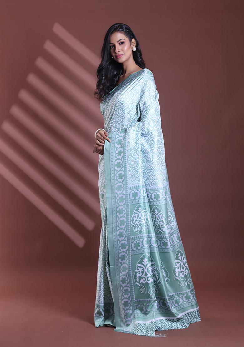Mint Green Floral Print Soft Silk Saree Set