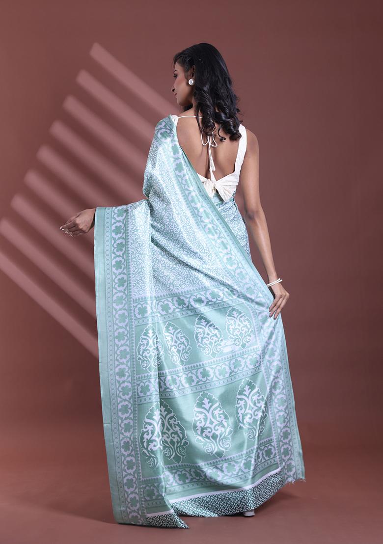 Mint Green Floral Print Soft Silk Saree Set