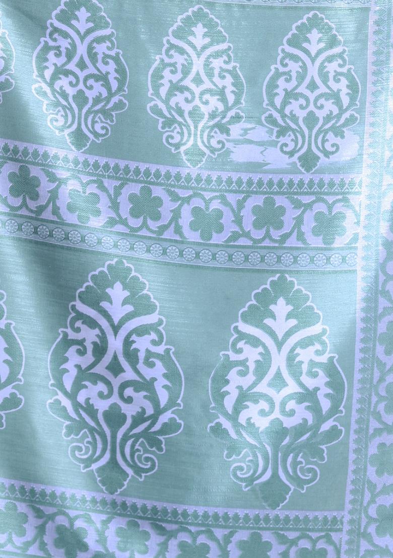 Mint Green Floral Print Soft Silk Saree Set - Indya