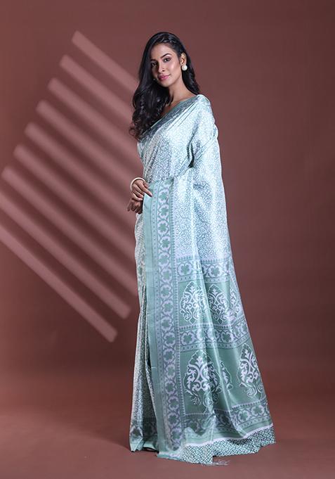 Mint Green Floral Print Soft Silk Saree Set