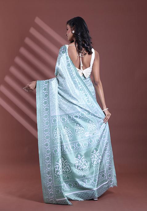 Mint Green Floral Print Soft Silk Saree Set