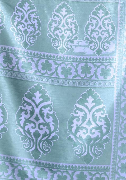 Mint Green Floral Print Soft Silk Saree Set