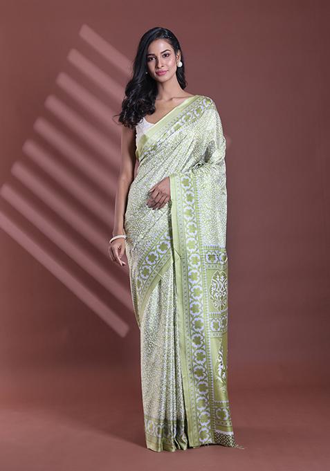 Lime Green Floral Print Soft Silk Saree Set