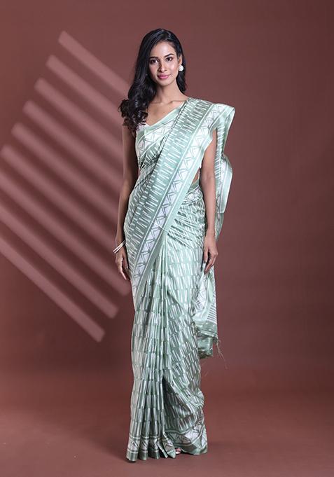 Mint Green Textured Soft Silk Saree Set