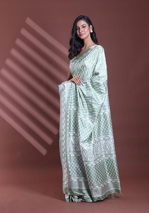 Mint Green Textured Soft Silk Saree Set