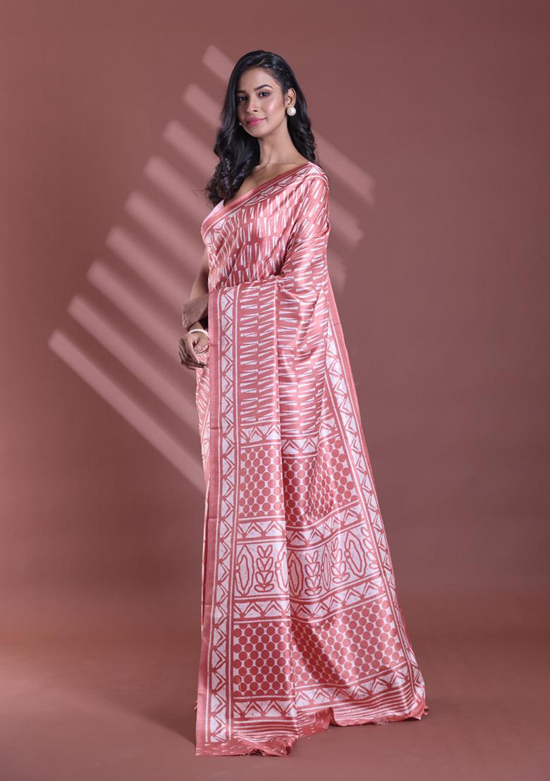 Blush Peach Textured Soft Silk Saree Set - Indya