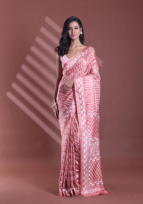 Blush Peach Textured Soft Silk Saree Set