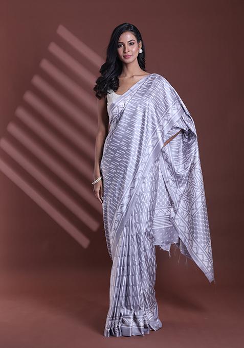 Steel Grey Textured Soft Silk Saree Set