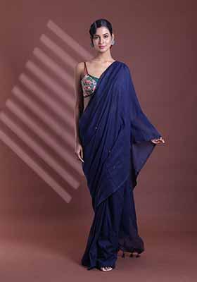 Navy Blue Sequin Work Soft Pure Cotton Saree Set