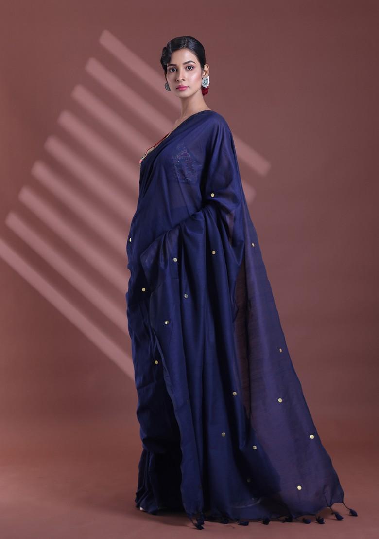 Navy Blue Sequin Work Soft Pure Cotton Saree Set
