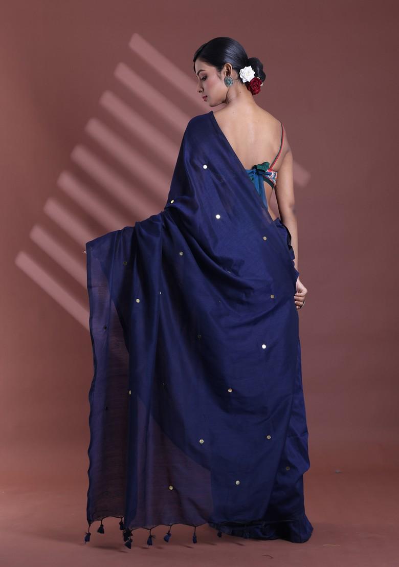 Navy Blue Sequin Work Soft Pure Cotton Saree Set