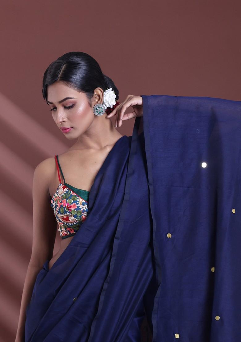 Navy Blue Sequin Work Soft Pure Cotton Saree Set