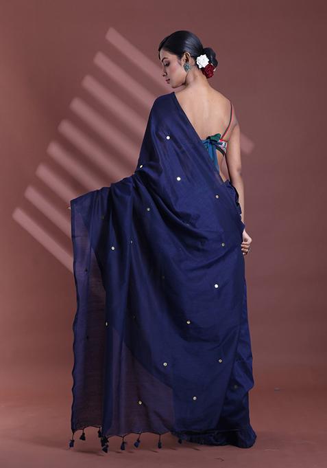 Navy Blue Sequin Work Soft Pure Cotton Saree Set