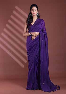 Purple Sequin Work Soft Pure Cotton Saree Set