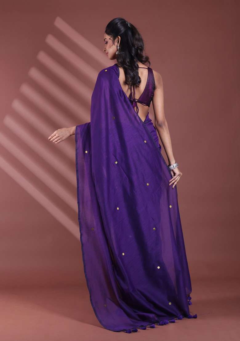Purple Sequin Work Soft Pure Cotton Saree Set for Diwali and Festive Wear - Indya