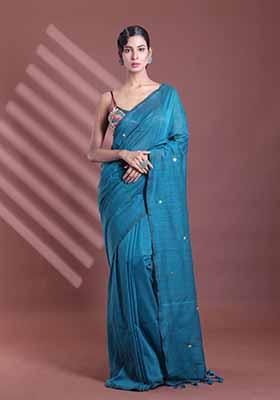Teal Green Sequin Work Soft Pure Cotton Saree Set