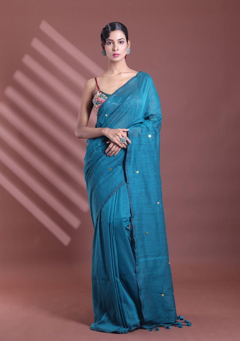 Teal Green Sequin Work Soft Pure Cotton Saree Set