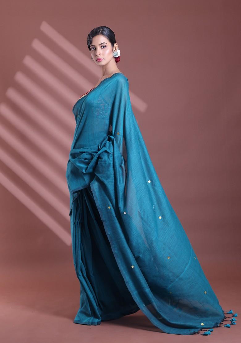 Teal Green Sequin Work Soft Pure Cotton Saree Set