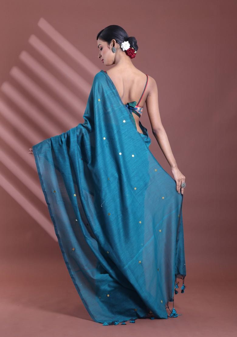 Teal Green Sequin Work Soft Pure Cotton Saree Set