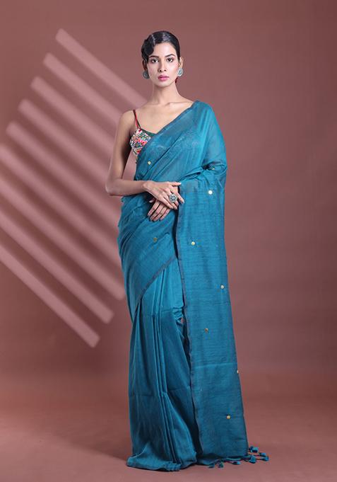 Teal Green Sequin Work Soft Pure Cotton Saree Set